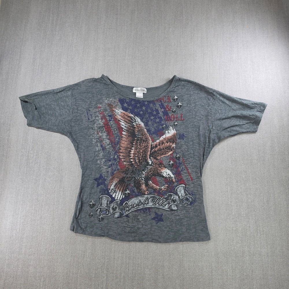 Rocker Girl Graphic‎ Tee Women L Gray American Flag Eagle Studded Burnout Top